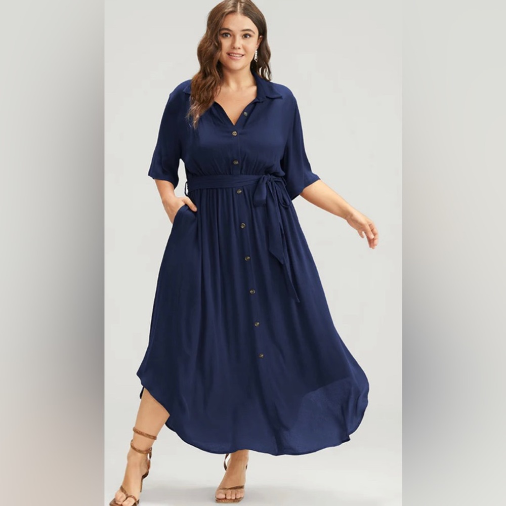 22/24 3X BloomChic Dark Blue Button Shirt Collar Belted Maxi Dress